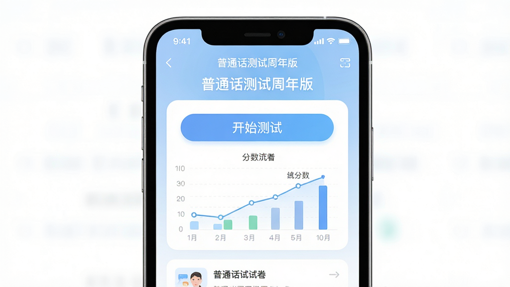 主体:一部智能手机屏幕显示普通话测试周年版应用界面,界面中央有“开始测试”按钮和分数统计图表,背景为淡蓝色渐变。布局:手机居中,屏幕内容清晰可见,四周留白。排版:界面元素整齐排列,按钮醒目。风格:现代扁平化设计,色彩柔和。细节:屏幕内显示“普通话测试周年版”字样和模拟试卷列表。画质:高清,干净,无多余元素。