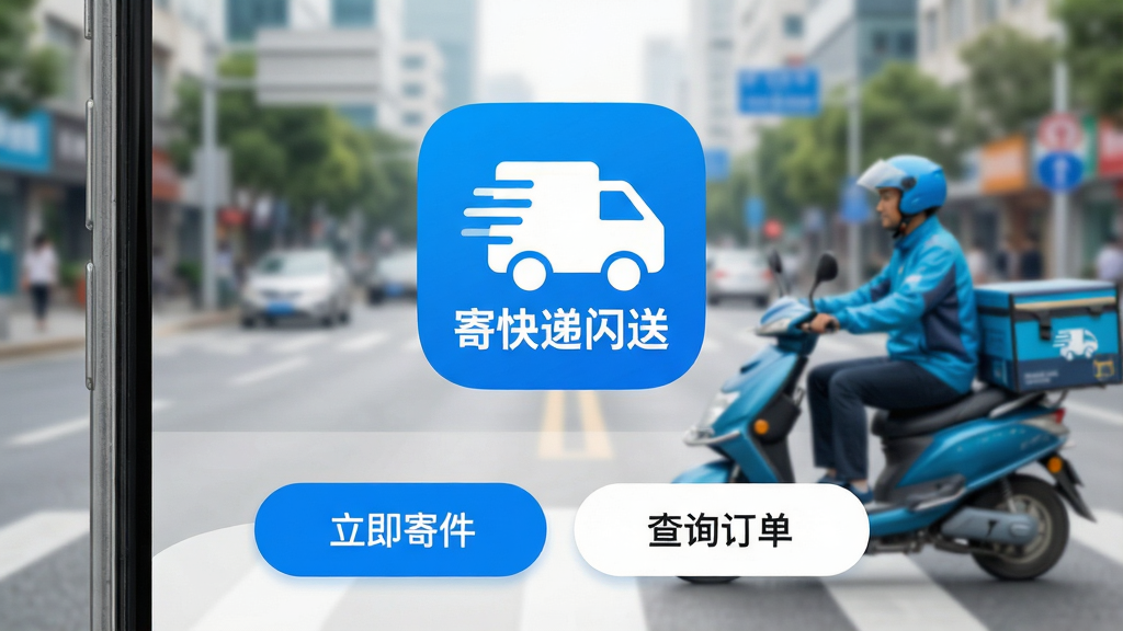 一张智能手机屏幕的特写,屏幕正中间显示“寄快递闪送”APP的蓝色图标,图标下方是流畅的界面布局,展示着“立即寄件”和“查询订单”两个醒目按钮,背景是虚化的城市街道,快递员骑着电动车穿梭,画面明亮清晰,风格现代简洁,画质干净高分辨率,无多余元素。