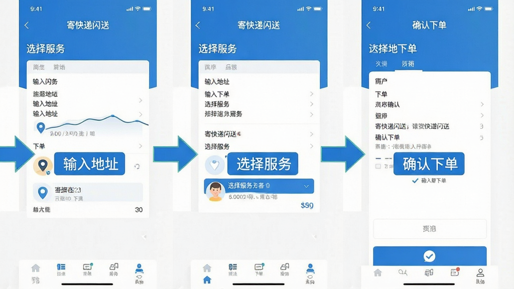 一张分步操作的界面截图拼贴画,主体是“寄快递闪送”APP的下单页面,用箭头和数字标签清晰标注了“输入地址”、“选择服务”、“确认下单”三个步骤,整体色调以蓝色和白色为主,扁平化设计风格,界面元素排列有序,画面干净明亮,细节丰富,无多余装饰。