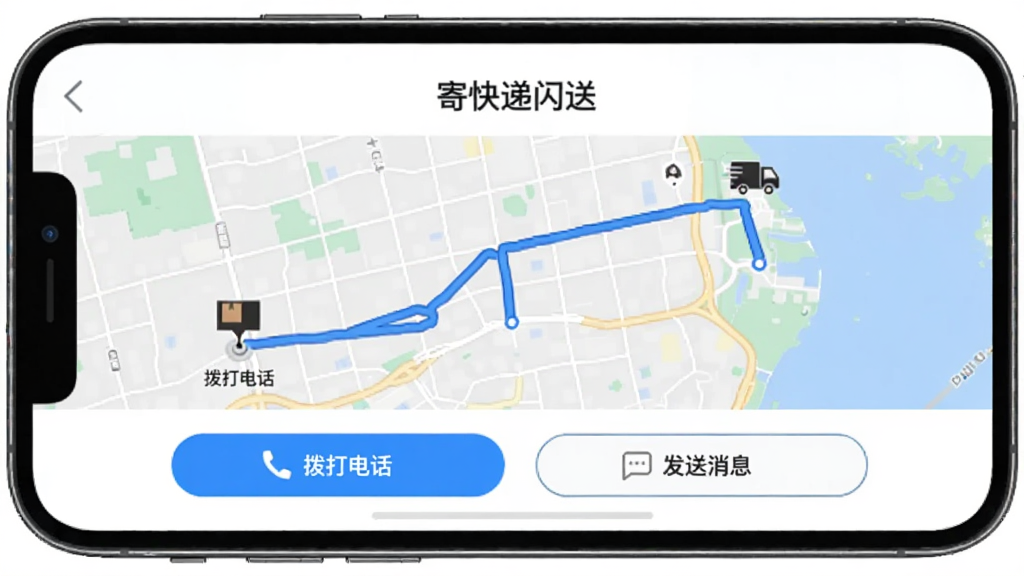 一个智能手机横屏显示的界面,屏幕上是“寄快递闪送”APP的订单详情页,地图上有一条从起点到终点的蓝色路线,下方有“拨打电话”和“发送消息”两个按钮,画面清晰,界面简洁,风格写实,光线柔和,无多余元素。