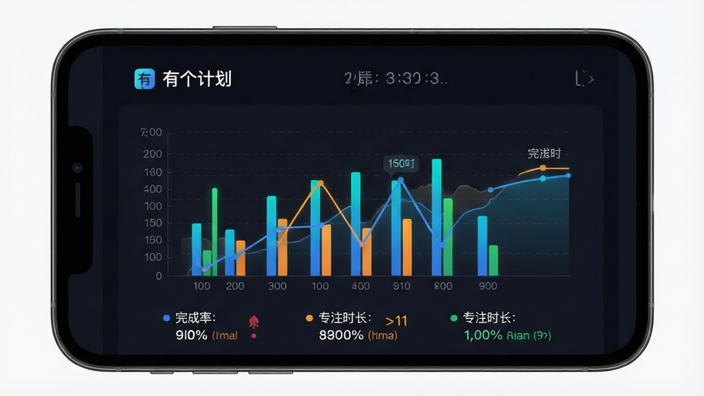 主体:有个计划App的统计图表界面。布局:手机屏幕展示柱状图和折线图。排版:顶部显示“有个计划”和统计周期,下方为图表和数字摘要。风格:现代数据可视化风格,深色背景搭配亮色数据。细节:图表有坐标轴和数值标签,下方有“完成率”“专注时长”等图例。画质:高清,干净,无多余元素。