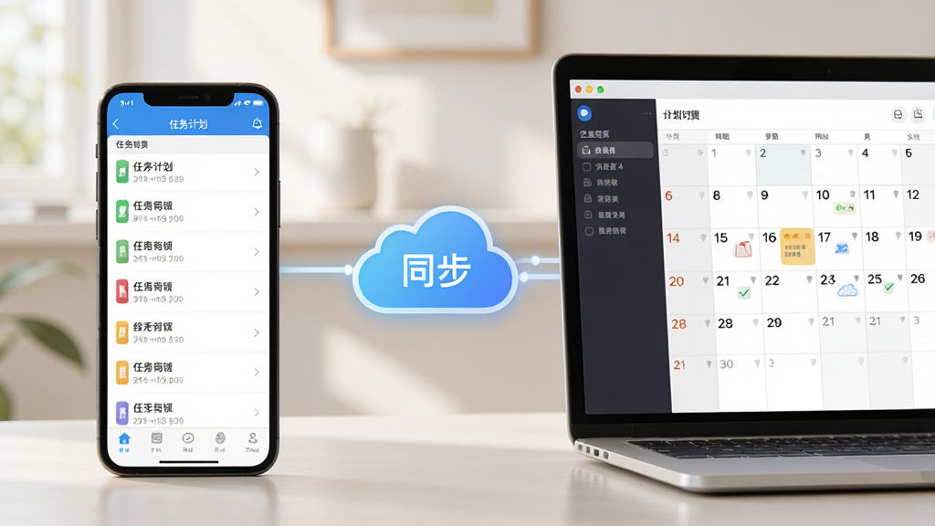 主体:有个计划App在手机和电脑上同时使用的场景。布局:左边是手机屏幕,右边是笔记本电脑,中间有云同步图标。排版:手机显示任务列表,电脑显示日历视图。风格:写实风格,光线柔和。细节:云图标上有“同步”字样,屏幕内容清晰可见。画质:高清,干净,无多余元素。