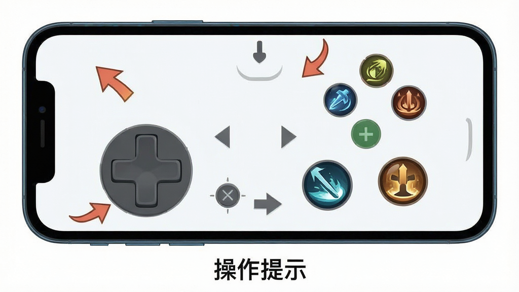 一张游戏操作示意图,主体是手机屏幕上的虚拟按键布局,周围用箭头标注操作说明,布局为俯视图,排版在屏幕下方加入“操作提示”字样,风格为简洁扁平,细节清晰展示摇杆与技能按钮的位置,画质干净,无多余元素