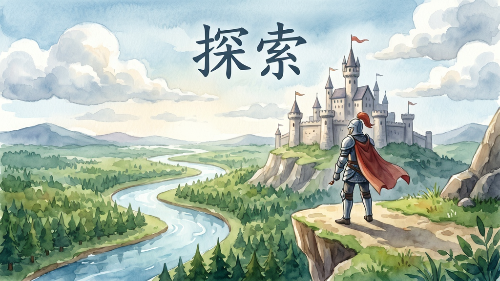 游戏地图场景全景图,主体是骑士站在悬崖边缘眺望远方的城堡,脚下是蜿蜒的河流与森林,布局为广角风景,排版上在天空加入“探索”字样,风格为手绘水彩风,细节描绘云层与植被,画质柔和,干净,无多余元素