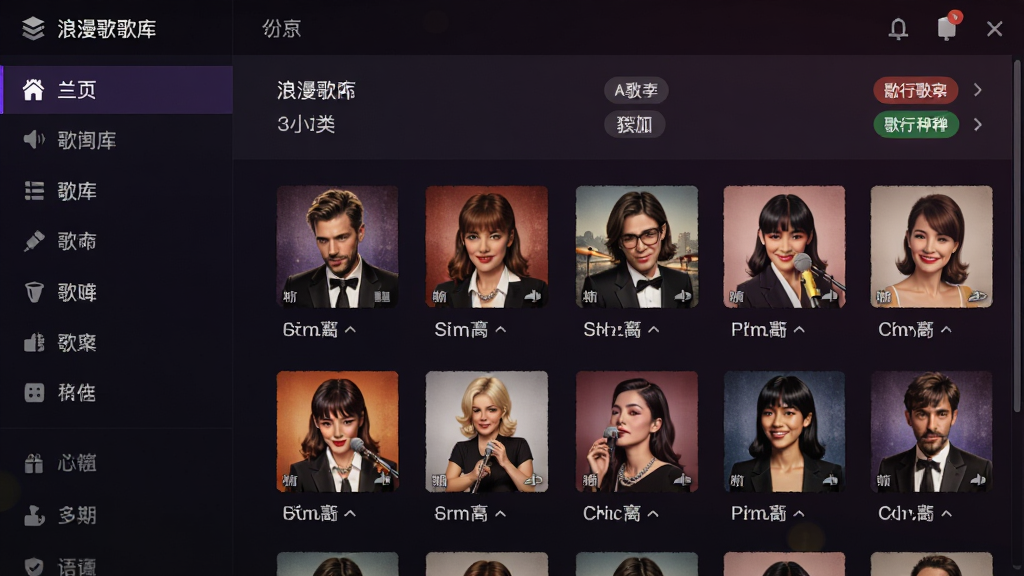 浪漫歌厅歌曲库界面截图,左侧为分类导航栏,右侧为歌曲列表,显示歌名、歌手、语种标签,背景为深色渐变,歌曲封面图整齐排列,画面清晰,色彩饱和,无多余文字