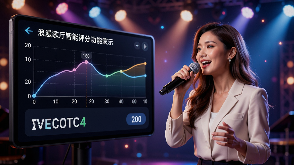 浪漫歌厅智能评分功能演示图,屏幕上显示音准曲线和分数,歌手手持麦克风演唱,背景为舞台灯光效果,画面生动,色彩明亮,突出互动感和科技感,画质细腻