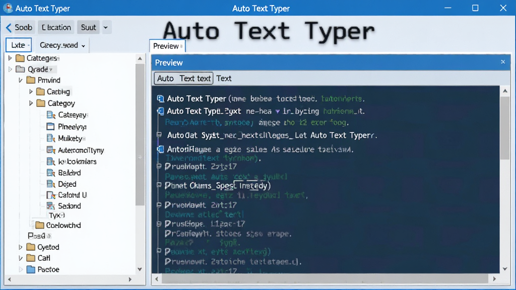 展示Auto Text Typer的文本库管理界面,左侧为分类树状列表,右侧为文本内容预览区,界面采用蓝白配色,布局清晰,文字内容可辨,画质干净,突出软件名称“Auto Text Typer”。