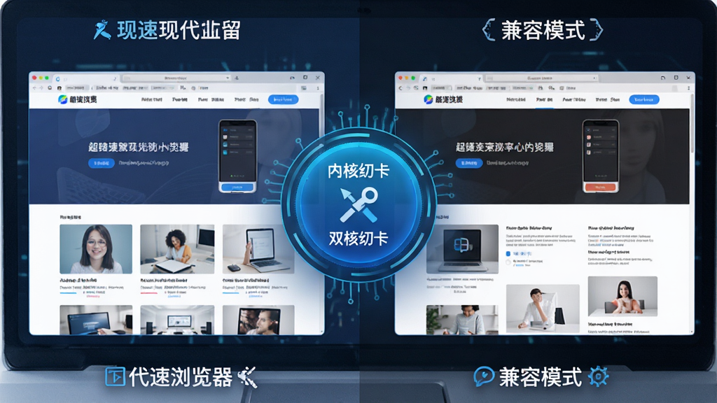 超速浏览器双核切换示意图,左侧为现代网页,右侧为兼容模式网页,中央为超速浏览器的内核切换按钮,蓝色科技风格,界面干净,画质清晰,无多余元素