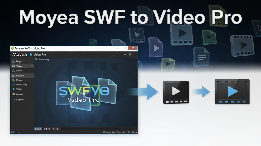 主视觉图,展示Moyea SWF to Video Pro软件界面与转换流程,前景为软件主窗口,背景为抽象的视频文件图标,整体风格简洁现代,科技感强,画质清晰,干净无多余元素