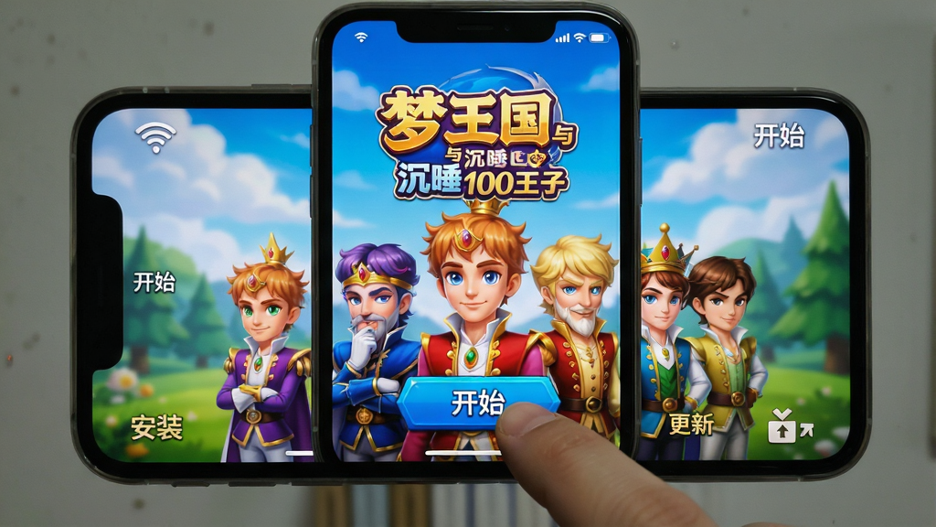 主体:手机屏幕显示梦王国与沉睡的100王子的登录界面,手指正在点击“开始”按钮。布局:手机居中,屏幕内显示游戏LOGO和王子们,周围有Wi-Fi图标和电量图标。排版:简洁直观。风格:写实与游戏画面结合。细节:画面标注“安装”、“更新”、“开始”等按钮。画质:清晰,干净无多余元素。