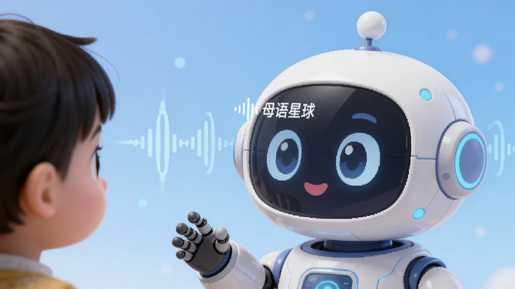 界面特写,一个卡通机器人形象正在与孩子对话,屏幕上有“母语星球”字样和语音波形动画,背景为柔和的蓝色渐变,明亮清晰,AI科技感,高画质,干净无多余元素。