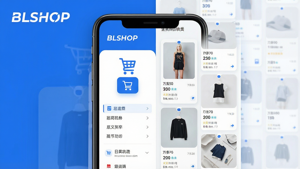 一幅展示BLSHOP软件核心功能的宣传海报,主体为智能手机屏幕界面,屏幕内显示商品橱窗、购物车图标和订单列表,布局采用左右分栏设计,左侧为商品分类导航,右侧为商品卡片瀑布流,整体风格现代简约,以蓝色和白色为主色调,细节处突出“BLSHOP”品牌标识,画面高清干净,无多余元素,画质细腻,主次分明。