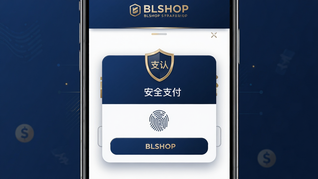 BLSHOP支付安全界面示意图,主体为手机屏幕,屏幕中央显示支付确认弹窗,带有“安全支付”盾牌图标和指纹验证标识,布局居中对称,风格沉稳可靠,以深蓝色和金色点缀,细节处突出“BLSHOP”文字,画面干净无多余元素,画质精致细腻。