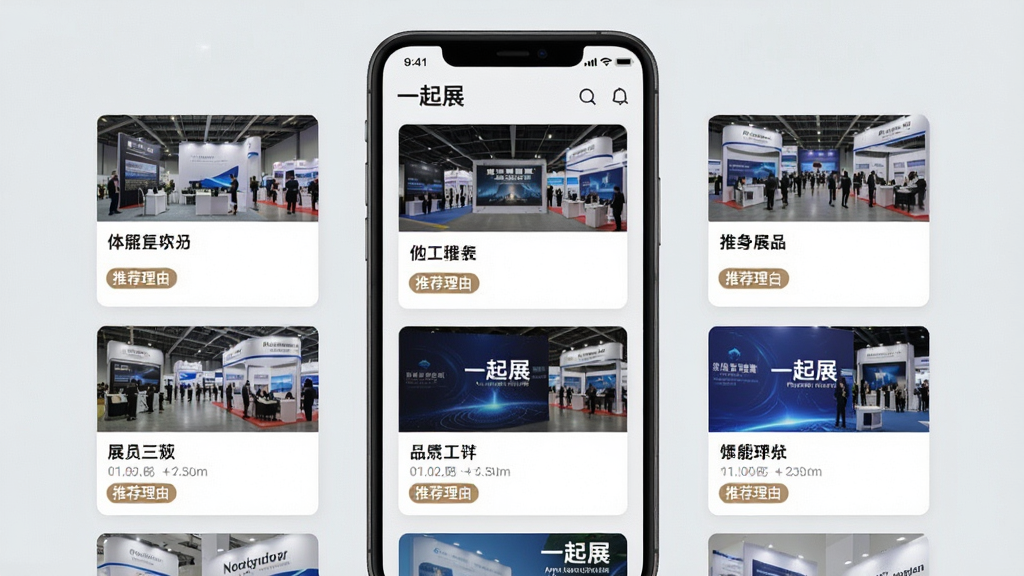 一张展示“一起展”App智能推荐功能的界面截图,手机屏幕上列出多个展会卡片,每个卡片有缩略图、名称和推荐理由标签,背景为淡灰色,排版整齐清晰,界面风格现代简洁,画质干净,无多余元素