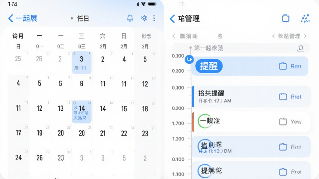 一张“一起展”App日程管理界面的示意图,显示日历视图和日程列表,带有时间轴和提醒标记,整体色调为白色与蓝色搭配,界面简约现代,排版规整,画质细腻,无多余元素