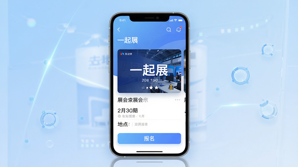 一张现代科技感风格的手机应用界面展示图,屏幕中清晰显示“一起展”App的主页,包含展会封面图、日期、地点、报名按钮,背景为柔和的蓝色渐变,布局简洁大气,四周干净无多余元素,画面明亮清晰,高质量渲染