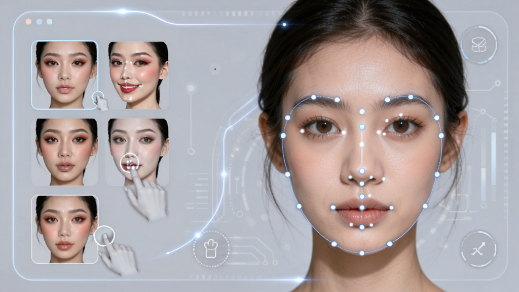美妆修图智能美妆功能预览,屏幕上人物面部被识别出多个关键点,左侧展示不同妆容风格缩略图,用户点击后右侧人脸实时变化,背景为浅灰色科技感界面,细节展示流畅的线条与光效,画质干净,无多余元素。