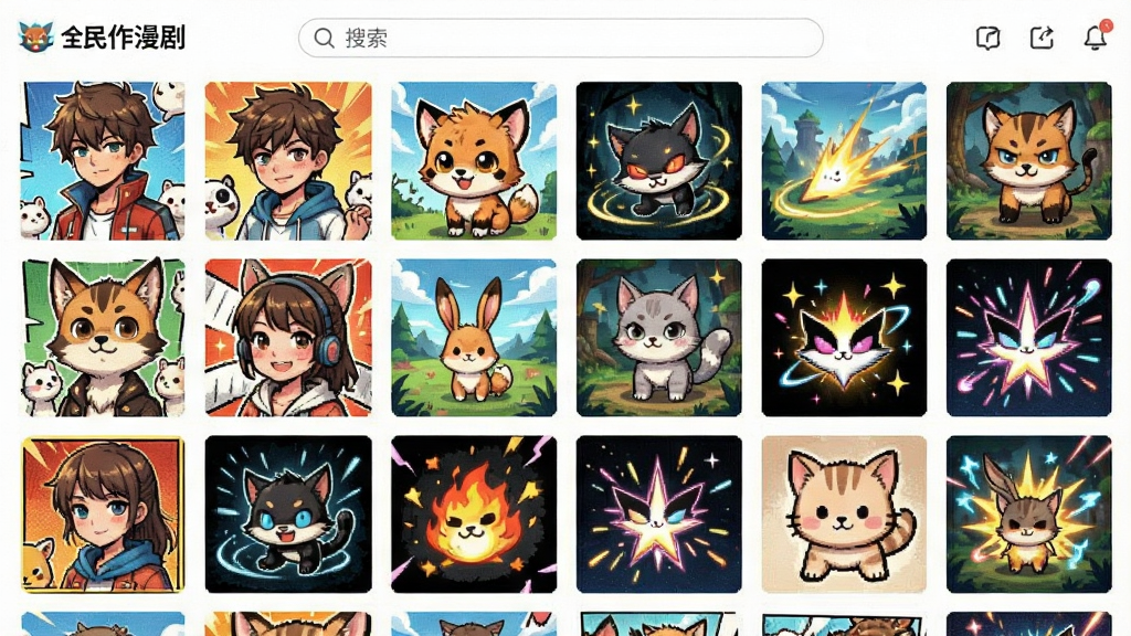 展示“全民作漫剧”素材库界面,网格状排列着各种漫画素材缩略图,包括人物、动物、背景、特效等,界面顶部有搜索栏,整体风格清晰明朗,素材丰富,色彩鲜艳,画质高清,干净无多余元素