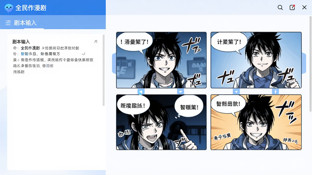 展示“全民作漫剧”软件中智能分镜功能的操作界面,左侧是剧本输入区域,右侧是自动生成的多格漫画分镜预览,分镜上标有对话框和拟声词,整体界面简洁,扁平化设计,色彩以蓝白为主,画质清晰,干净无多余元素