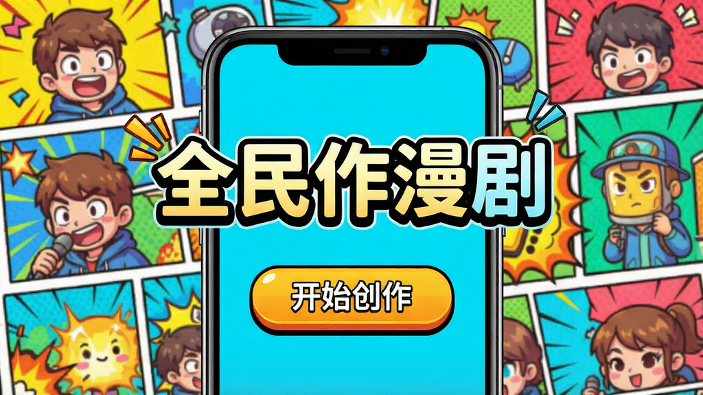 画面中央展示“全民作漫剧”APP的启动界面,背景是多彩的漫画分镜元素,前景是手机屏幕特写,屏幕上显示软件名称“全民作漫剧”和“开始创作”按钮,整体风格明亮活泼,卡通漫画风格,色彩饱和度高,细节丰富,画质清晰,干净无多余元素
