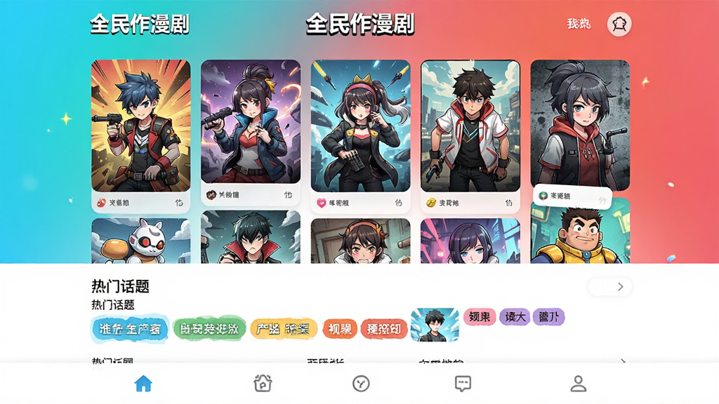 展示“全民作漫剧”社区页面,顶部是推荐作品瀑布流,中部有热门话题标签,底部是导航栏,界面风格时尚,图片清晰,色彩活跃,画质干净,无多余元素