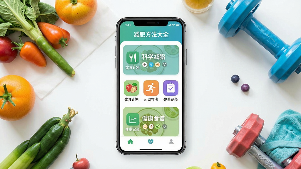 主体:手机屏幕展示“减肥方法大全”APP界面,界面中有“饮食计划”、“运动打卡”、“体重记录”等模块图标。布局:手机居中,界面清晰,周围有蔬菜水果和运动器材点缀。排版:简洁现代,信息层级分明。风格:清新健康,色彩明快。细节:屏幕内显示“科学减脂”、“健康食谱”字样。画质:高清,干净,无多余元素。