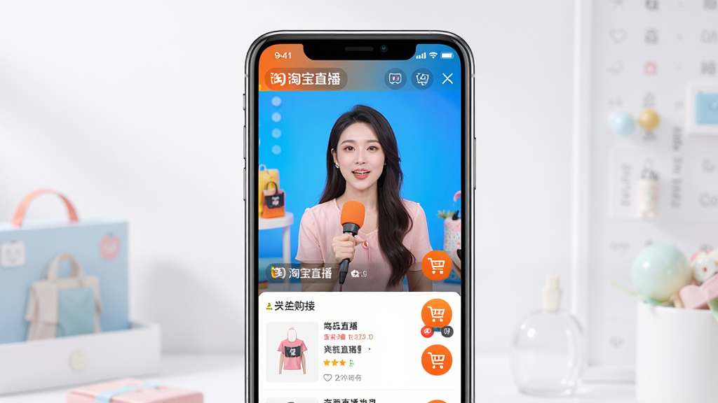 主体:淘宝直播app界面,手机屏幕展示直播购物场景,主播正在介绍商品,屏幕上有商品链接和购物车图标。布局:手机居中,屏幕内容清晰可见,周围有简洁的背景。排版:手机竖屏显示,界面元素排列整齐,突出直播画面和商品信息。风格:现代科技感,色彩明亮,画质清晰。细节:直播画面中有“淘宝直播”字样,手机边框有金属质感。画质:高清,干净,无多余元素。