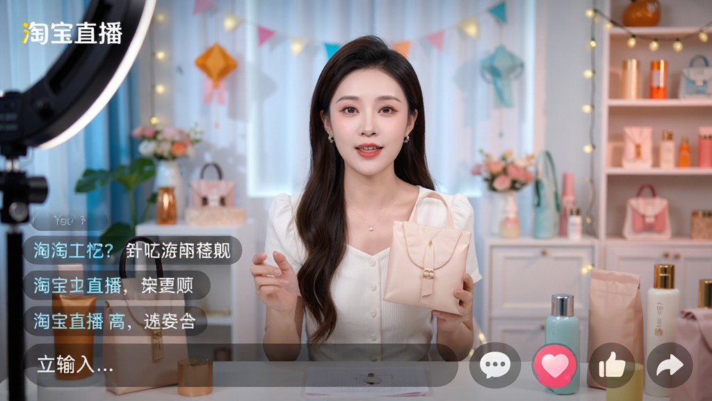 主体:淘宝直播app高清直播画面,主播在明亮直播间展示商品,画面清晰流畅。布局:直播画面占据屏幕大部分,下方有弹幕和互动按钮。排版:画面中心为主播和商品,弹幕滚动显示,底部有输入框和点赞按钮。风格:高清细腻,色彩鲜艳,光线充足。细节:画面角落有“淘宝直播”水印,直播间装饰精美。画质:超清,干净,无多余元素。