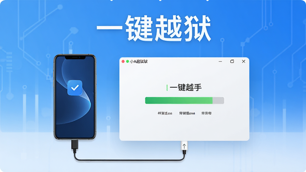 小A越狱助手一键越狱功能示意图,画面展示手机连接电脑,软件界面显示越狱进度条,背景为简洁的科技蓝,配以“一键越狱”文字标识,布局清晰,风格现代,画质干净,无多余元素