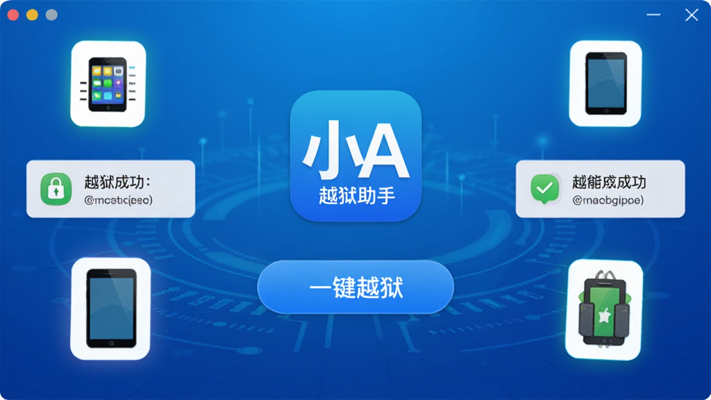 小A越狱助手主界面展示,画面中央为软件Logo和“一键越狱”按钮,背景为蓝色科技感渐变,周围环绕iOS设备图标和越狱成功提示,整体风格简洁明亮,布局清晰,画质高清干净,无多余元素