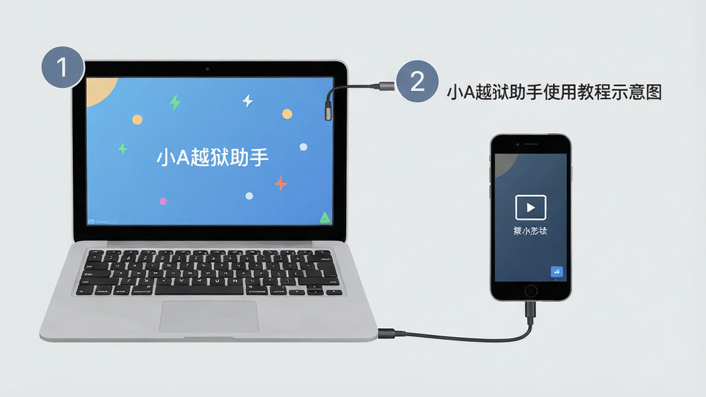 小A越狱助手使用教程示意图,画面展示电脑连接手机的操作步骤,背景为浅灰色,步骤用序号标注,风格简洁明了,画质干净,无多余元素