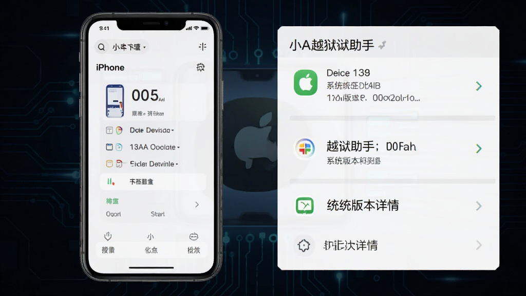 小A越狱助手设备检测功能预览,画面显示iPhone设备信息和系统版本详情,背景为深色科技风格,数据清晰可见,布局专业,画质干净,无多余元素