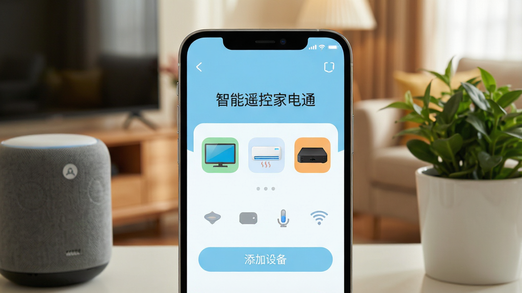 一张现代简约风格的智能手机屏幕特写,屏幕中清晰显示“智能遥控家电通”APP主界面,界面以浅蓝色和白色为主色调,顶部有“家电控制”字样,中间排列着电视、空调、机顶盒等彩色图标,底部有“添加设备”按钮,手机旁边摆放着智能音箱和绿植,背景是温馨的客厅环境,画质清晰,干净无多余元素