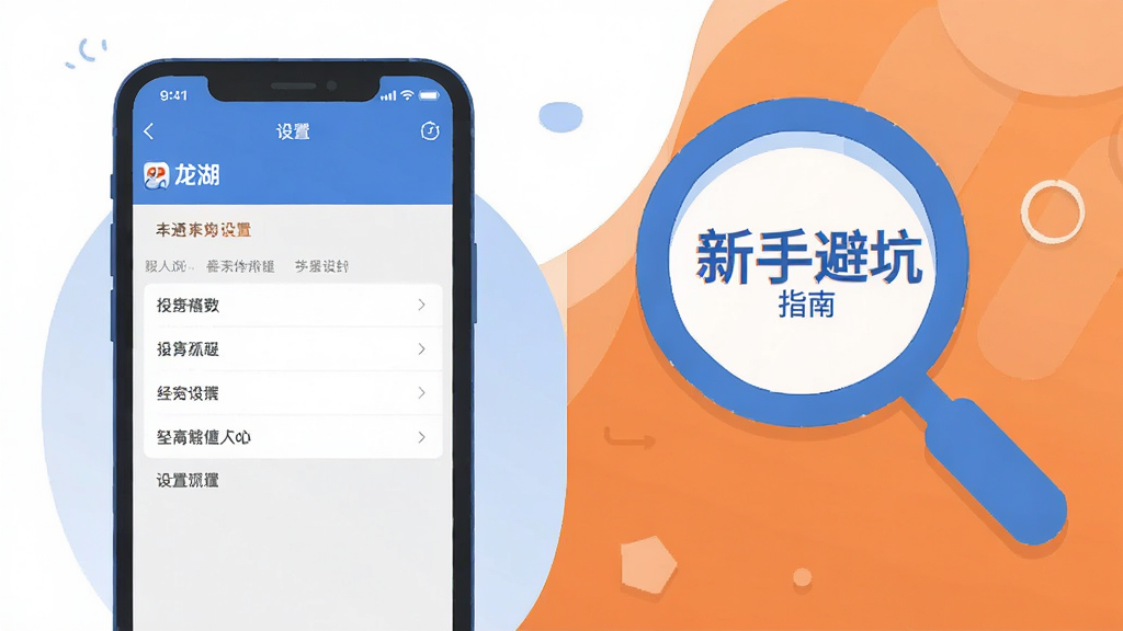 一张分步操作示意图风格的图片,左侧是手机截图,展示“龙湖”APP的“设置”界面,右侧是放大镜图标和文字“新手避坑指南”,整体风格为扁平化插画,颜色以蓝色和橙色为主,画面干净整洁,无多余元素。