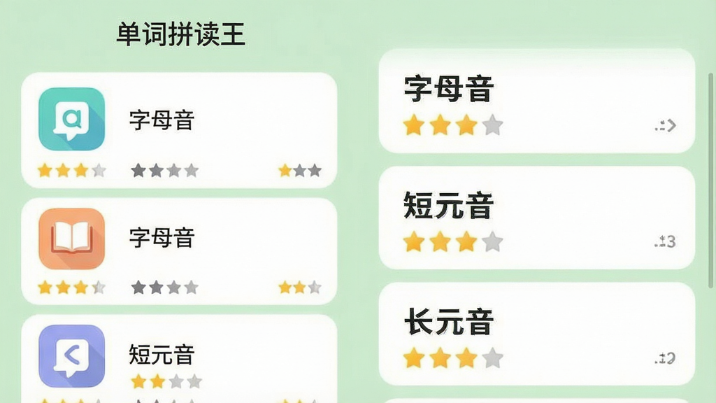 一张APP内课程列表页的截图预览图,主体为“单词拼读王”的课程目录界面,左侧是彩色图标课程卡片,右侧显示“字母音”“短元音”“长元音”等课程名称,背景为柔和的浅绿色,布局为纵向滚动列表,排版整齐,风格清新,细节包含每课星星评分图标,画质清晰干净,无多余元素