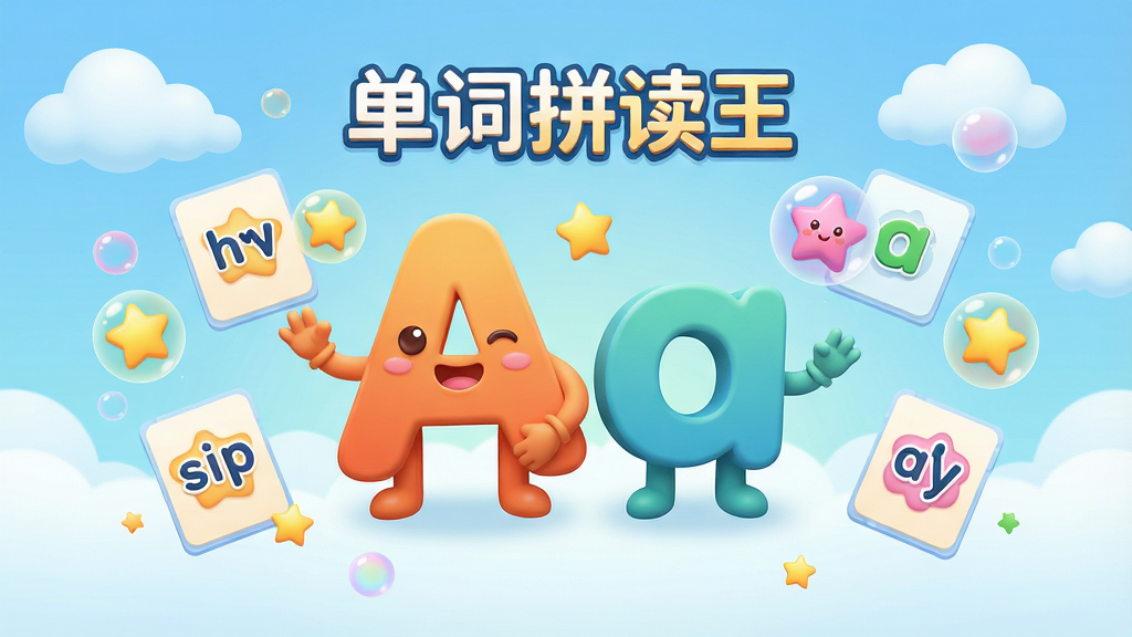 一幅色彩明亮、充满童趣的3D卡通风格宣传图,主体为“单词拼读王”APP界面截图,中央是一个可爱的卡通字母“A”和“a”拟人化形象,周围环绕着拼读卡片、小星星、彩色气泡等元素,背景是淡蓝色渐变与云朵,整体布局居中对称,排版清爽,细节丰富,画质清晰干净,无多余文字,突出“单词拼读王”名称与快乐学习氛围