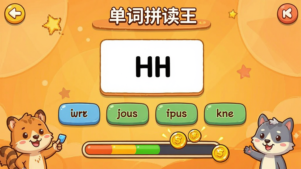 一张游戏化练习界面的预览图,主体为“单词拼读王”的闯关答题场景,屏幕中央显示一个单词图片与四个拼写选项,下方有卡通进度条和金币动画效果,背景为橙黄色暖色调,布局居中,排版活泼,风格卡通化,细节包括小动物角色引导,画质清晰,无多余元素