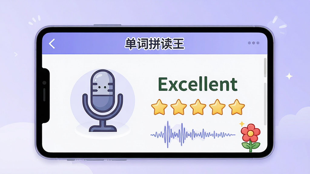 一张语音评测功能展示图,主体为“单词拼读王”的发音打分界面,屏幕上有一个大大的麦克风图标,旁边显示“Excellent”和五颗星满分评价,背景为淡紫色渐变,布局简洁,排版清晰,风格现代卡通,细节有发音波形图和小红花奖励,画质干净,无多余元素