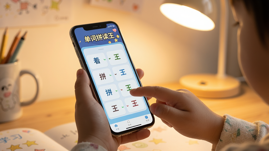 一张用户手持手机学习单词拼读王的场景图,主体为手机屏幕显示“单词拼读王”的拼读练习界面,背景是温馨的书桌和台灯,布局为侧面特写,风格写实,细节有孩子的小手点击屏幕,画质清晰干净,无多余元素