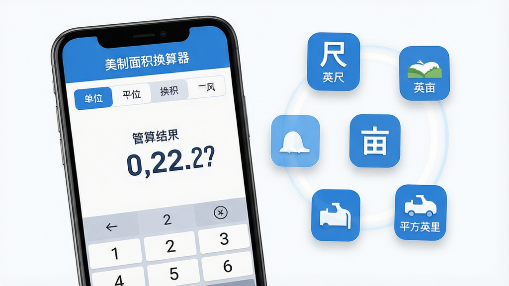 主体:手机屏幕展示“美制面积换算器”主界面,界面中央显示大字号换算结果,上方是单位选择栏,下方是数字键盘。布局:手机位于画面中央偏左,右侧悬浮多个面积单位图标(平方英尺、英亩、平方英里)形成环绕。排版:界面简洁,图标排列整齐,色彩以蓝白为主。风格:现代扁平化,干净明亮。细节:屏幕内容清晰可辨,数字显示精确到小数点后两位,单位名称用中文标注。画质:4K高清,干净,无多余元素。