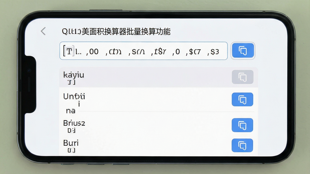 主体:手机屏幕展示“美制面积换算器”的批量换算功能页面,输入框内有多个数字用逗号分隔。布局:上方为输入框,下方为结果列表。排版:结果按单位分组显示。风格:清爽简洁,浅色背景。细节:每个结果旁有复制按钮。画质:高清,干净,无多余元素。