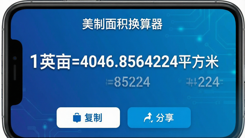 主体:手机展示“美制面积换算器”的换算结果页面,显示“1英亩=4046.8564224平方米”。布局:页面中央大字号显示结果,下方为复制与分享按钮。排版:结果突出,按钮醒目。风格:科技蓝渐变背景,白色文字。细节:结果数字采用大号加粗字体,单位清晰。画质:高清,干净,无多余元素。
