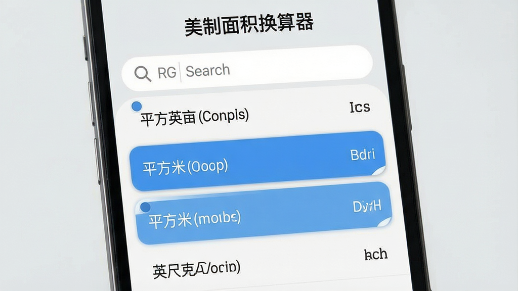 主体:手机屏幕展示“美制面积换算器”的单位选择列表,列表中有平方英尺、英亩、平方米等选项。布局:屏幕居中显示,上方为搜索框,下方为单位列表。排版:列表文字清晰,选中项高亮显示。风格:简洁商务风,背景浅灰。细节:每个单位旁配有对应英文缩写,界面整洁。画质:高清,干净,无多余元素。