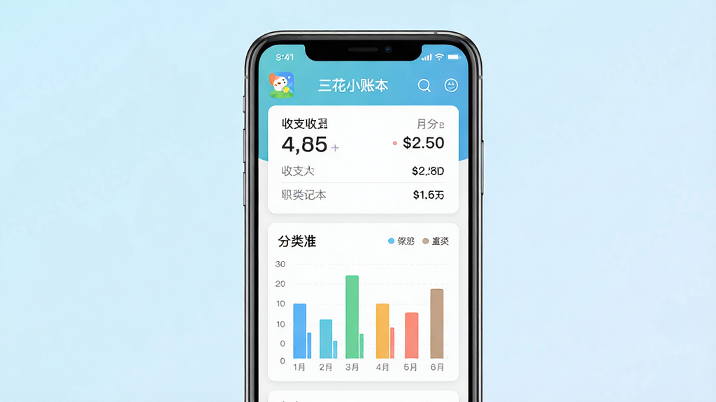 主体:一部正在运行三花小账本应用的智能手机,屏幕上清晰显示“三花小账本”应用图标和记账主界面。布局:手机居中,界面简洁,上方为月份收支汇总数字,下方为分类条形图。排版:应用界面采用卡片式布局,色彩清新。风格:现代扁平化设计,明亮温馨,背景为淡蓝色渐变。细节:手机屏幕中的“三花小账本”字样清晰可见,界面图表数据直观。画质:高清渲染,干净,无多余元素。
