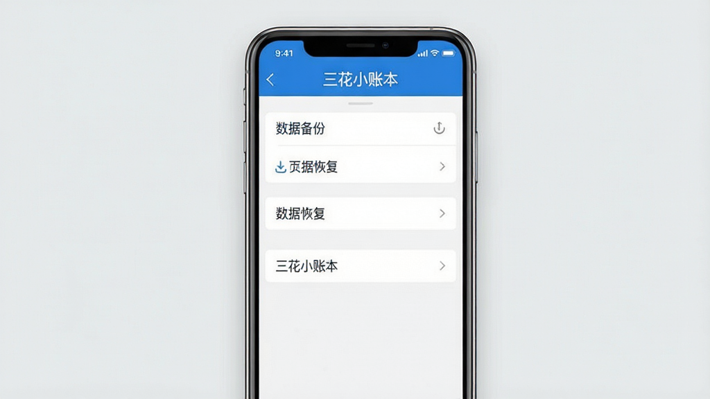 主体:三花小账本应用在手机上的运行界面,展示数据备份与恢复选项。布局:手机位于画面中央,屏幕显示设置菜单,背景为浅灰色。排版:菜单列表清晰,包含“数据备份”、“数据恢复”等选项。风格:简洁商务风,色彩以蓝白为主。细节:屏幕中“三花小账本”字样在顶部显示,下方为设置项。画质:高清,干净,无多余元素。
