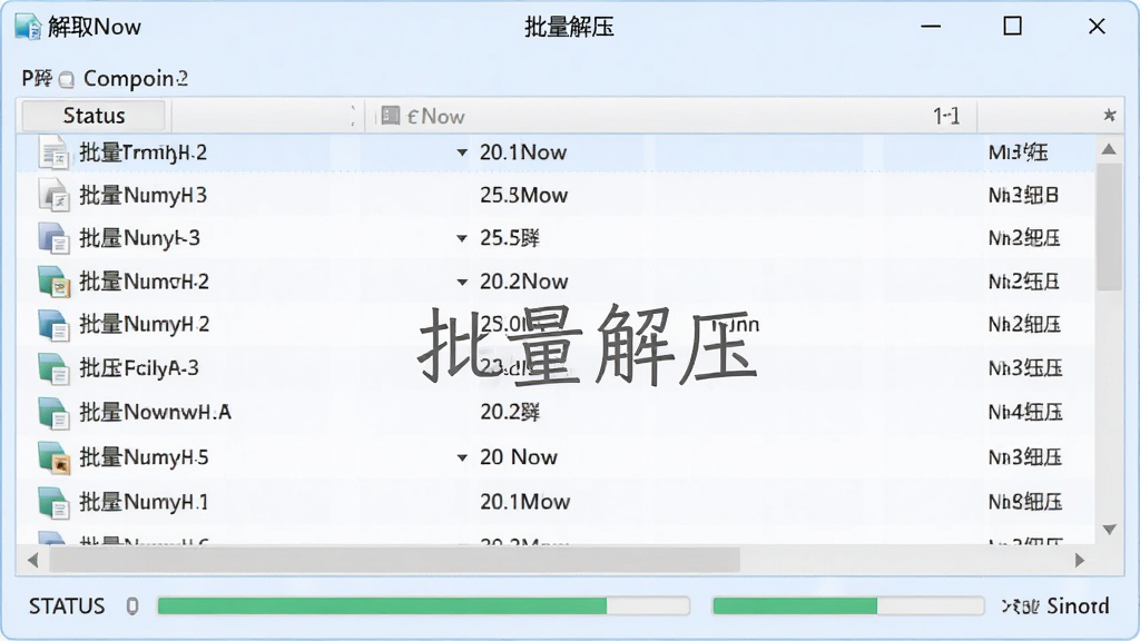 ExtractNow批量解压队列功能截图,窗口中排列着多个压缩文件列表,状态栏显示解压进度条,背景为柔和的浅蓝色,界面清晰,文字标注“批量解压”,画质干净,无多余元素