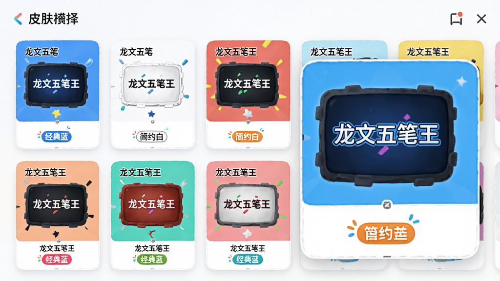 主体:皮肤选择界面,布局:多款皮肤缩略图横向排列,当前预览放大显示;排版:卡片式,间距均匀;风格:活泼多样;细节:显示“龙文五笔王”名称,皮肤有“经典蓝”、“简约白”等标签;画质:高清,干净,无多余元素