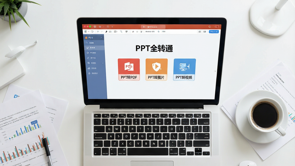 一张现代简约风格的办公桌面俯视图,桌面上摆放着一台笔记本电脑,屏幕中显示“PPT全转通”软件主界面,界面清晰展示PPT转PDF、PPT转图片、PPT转视频等主要功能按钮,界面风格清爽明亮,周围散落着几份纸质文档和一杯咖啡,整体氛围专业且高效,画质干净,无多余元素。
