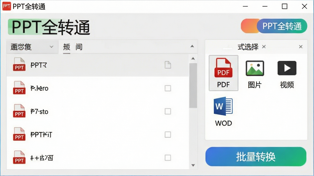 一张展示PPT全转通软件操作界面的截图,界面中有一个文件列表,列出了多个PPT文件,右侧是格式选择区域,包括PDF、图片、视频、Word等图标,背景为浅灰色,界面布局整洁,按钮色彩鲜明,文字清晰标注“PPT全转通”和“批量转换”字样,画质干净,无多余元素。