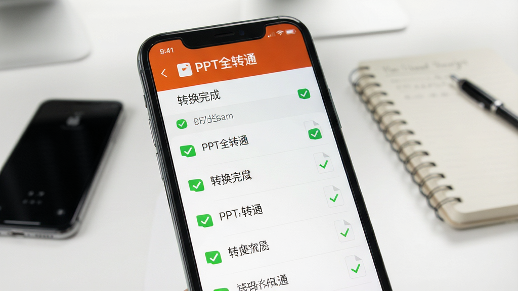 一张手机屏幕的特写,屏幕上显示PPT全转通安卓版的转换完成界面,文件列表旁有绿色对勾标志,背景是简洁的办公桌,旁边有手机和笔记本,画面干净,文字清晰显示“PPT全转通”和“转换完成”字样,画质细腻,无多余元素。